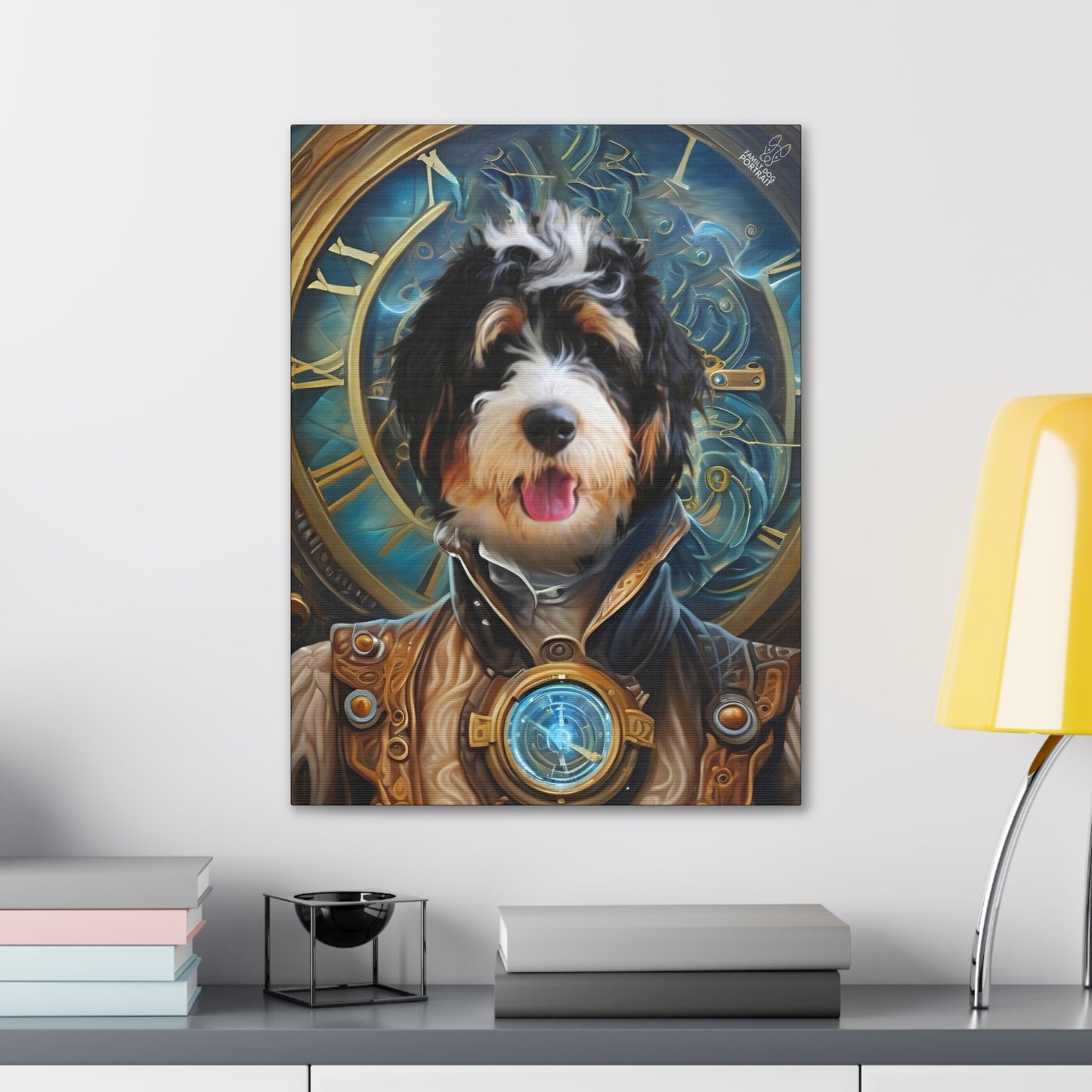Canvas print of a dog in steampunk attire on a wall above a desk.