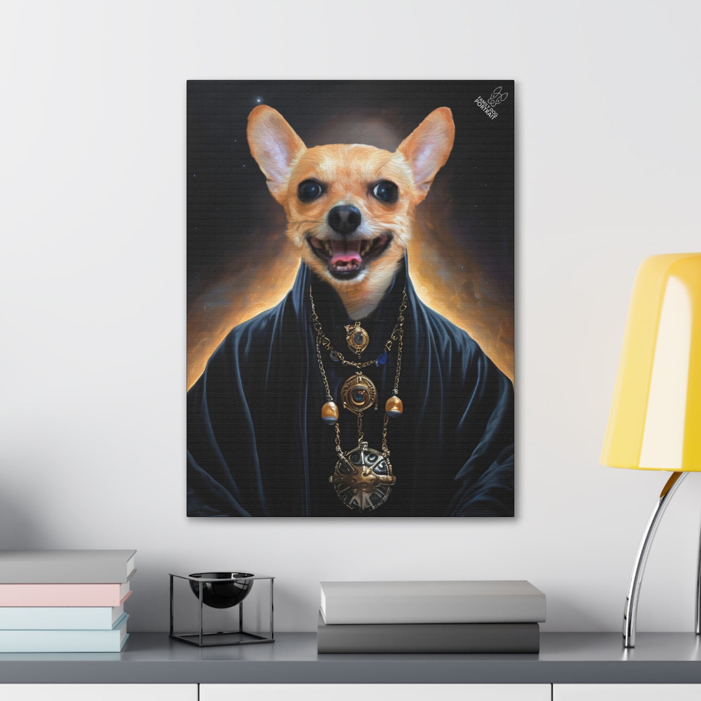 Framed artwork of a dog with a dark background on a wall above a desk.