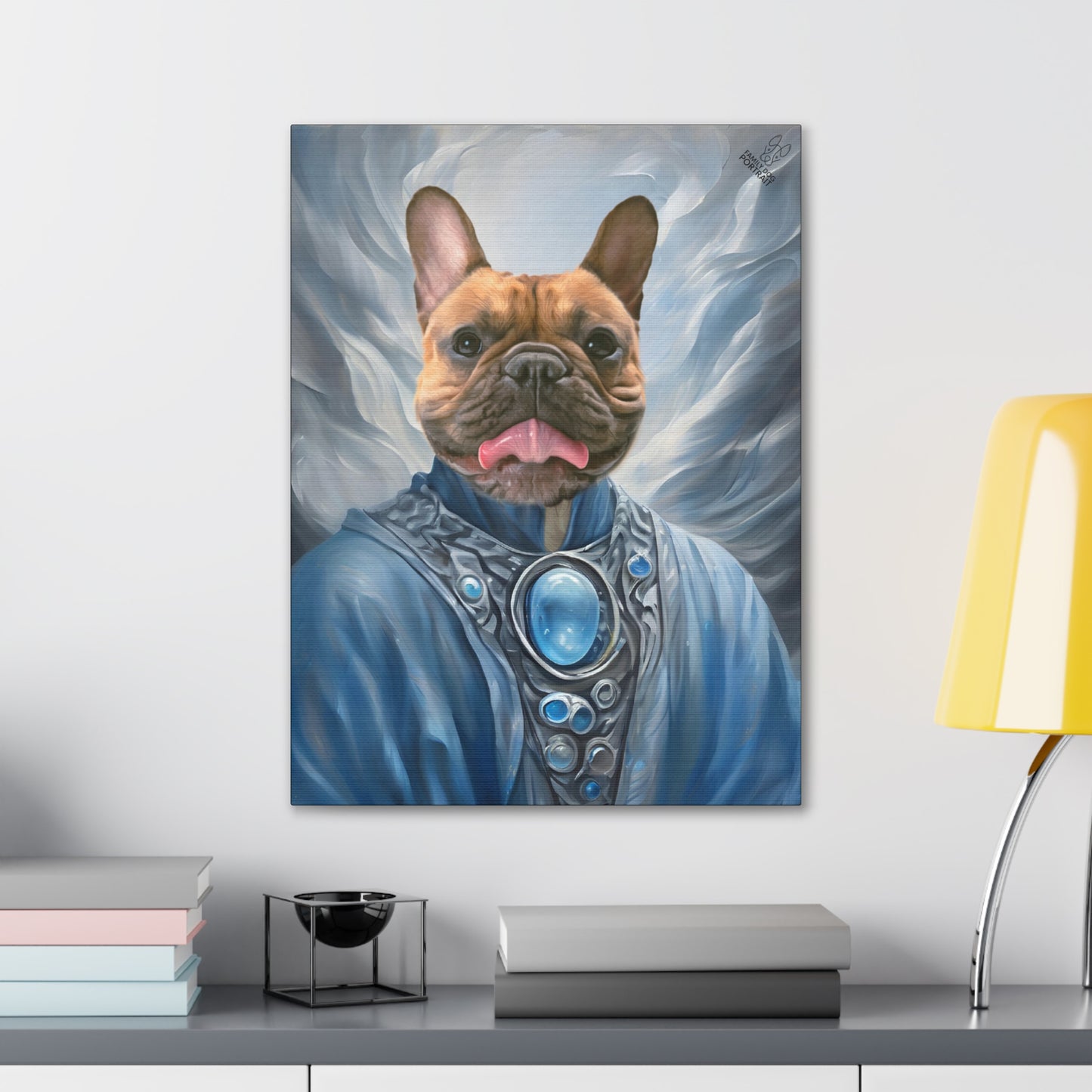 Canvas print of a dog in regal attire on a wall above a desk.