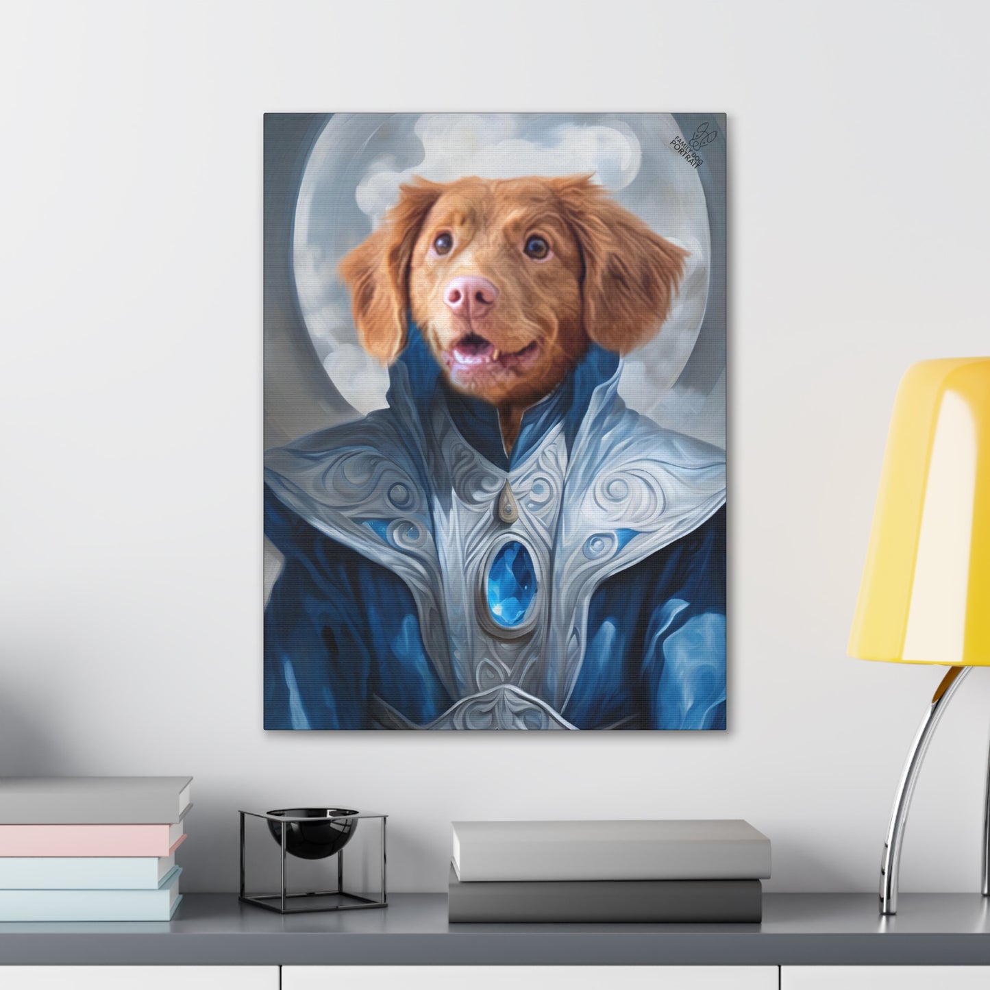 Canvas print of a dog in a fantasy costume on a wall above a desk.