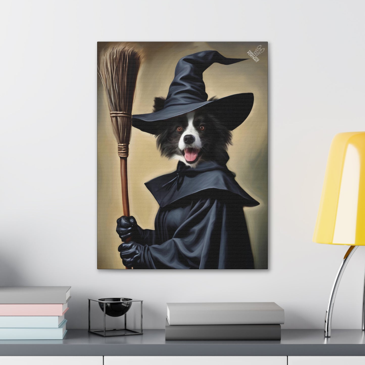 Dog dressed as a witch with a broomstick on a wall above a shelf.