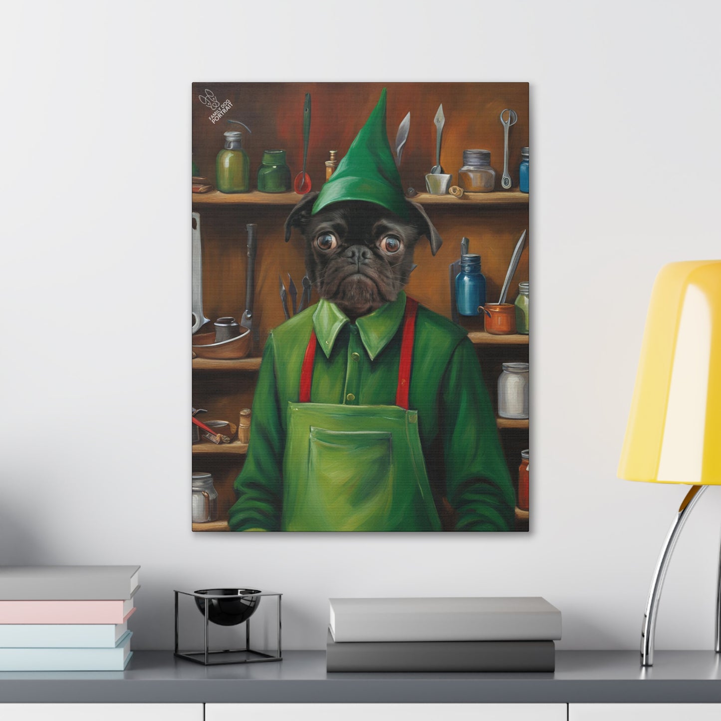 Canvas print of a dog in a green outfit with a shelf in the background on a wall.