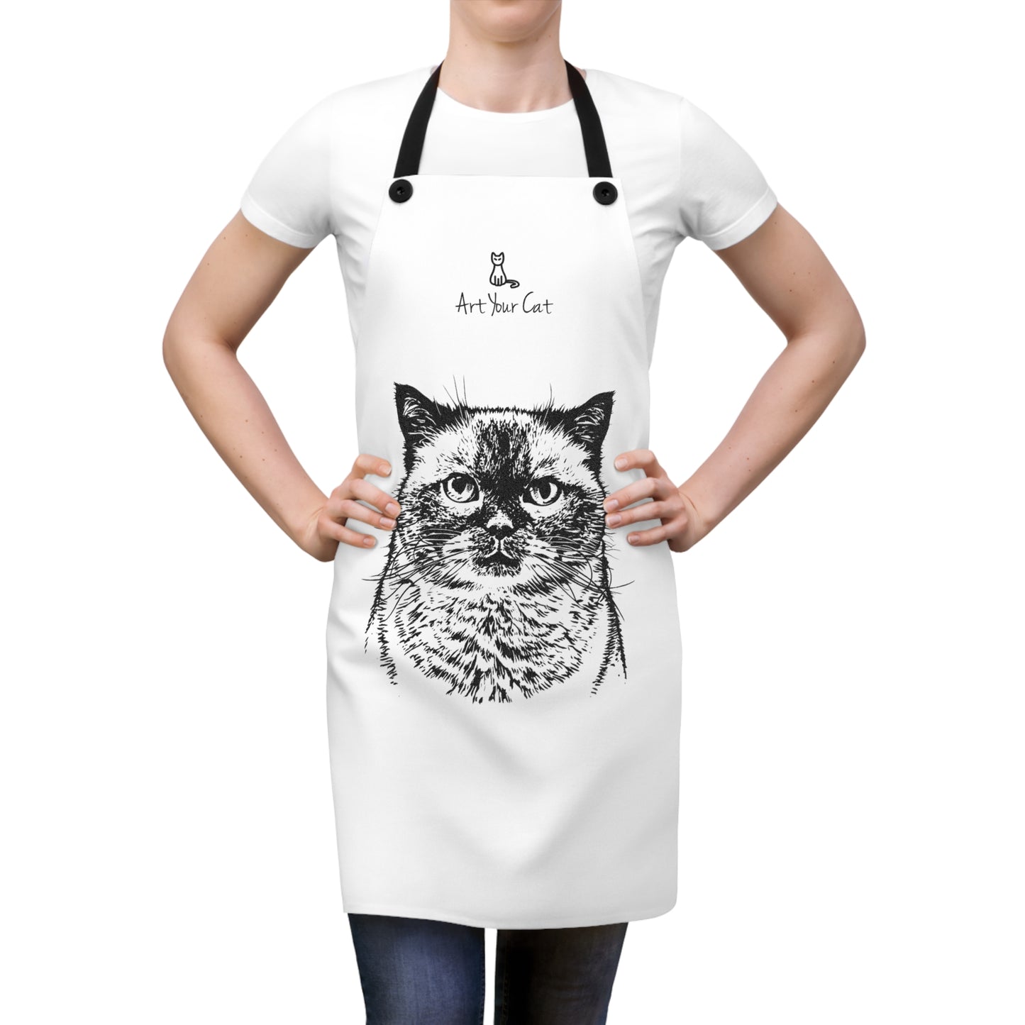 Person wearing a white apron with a black cat illustration and 'Art Your Cat' text.