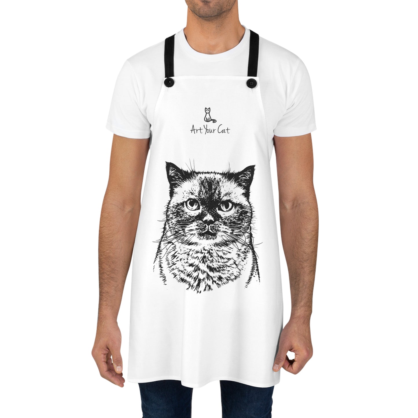 Person wearing a white apron with a cat illustration and 'Art Your Cat' text.