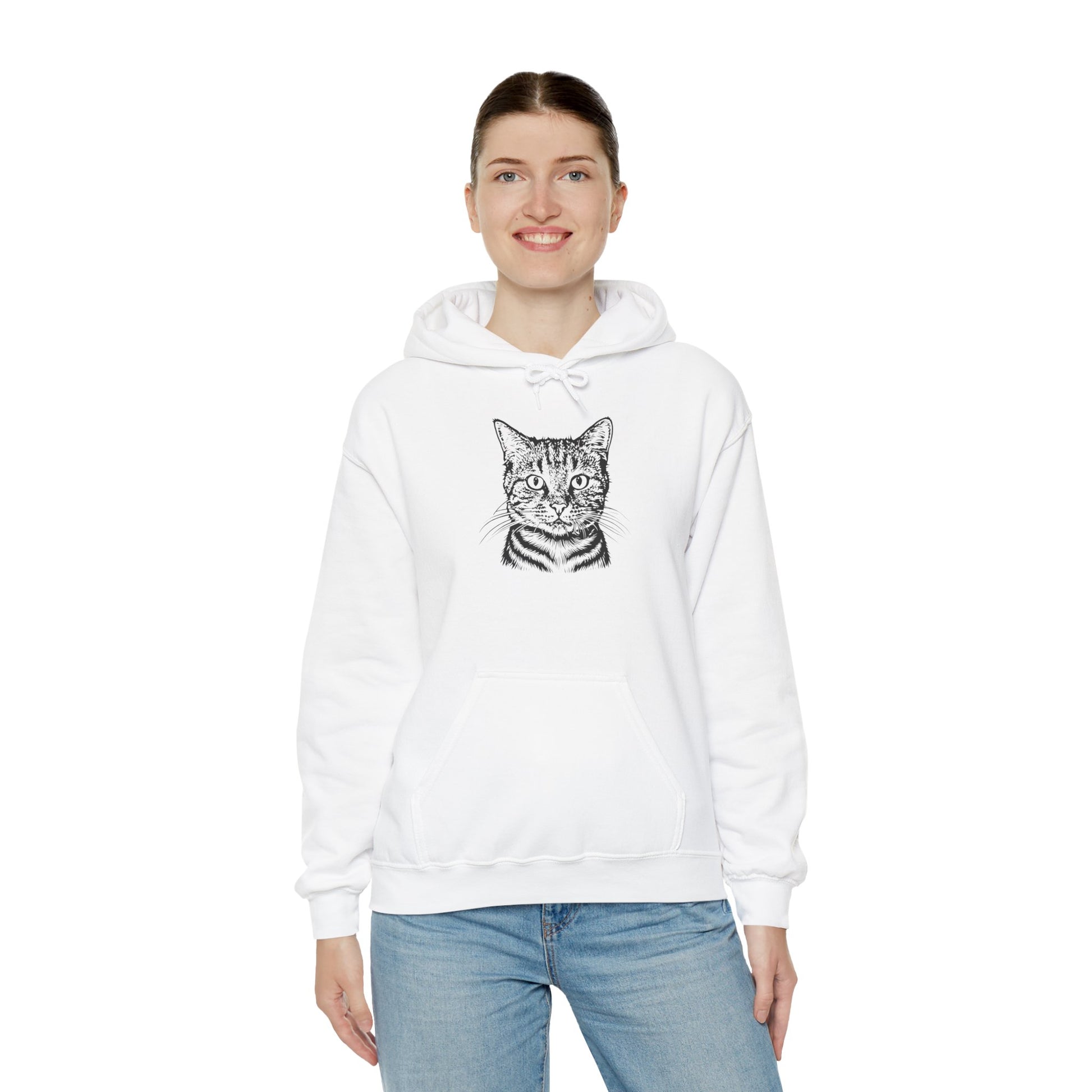 Person wearing a white hoodie with a cat design on a white background