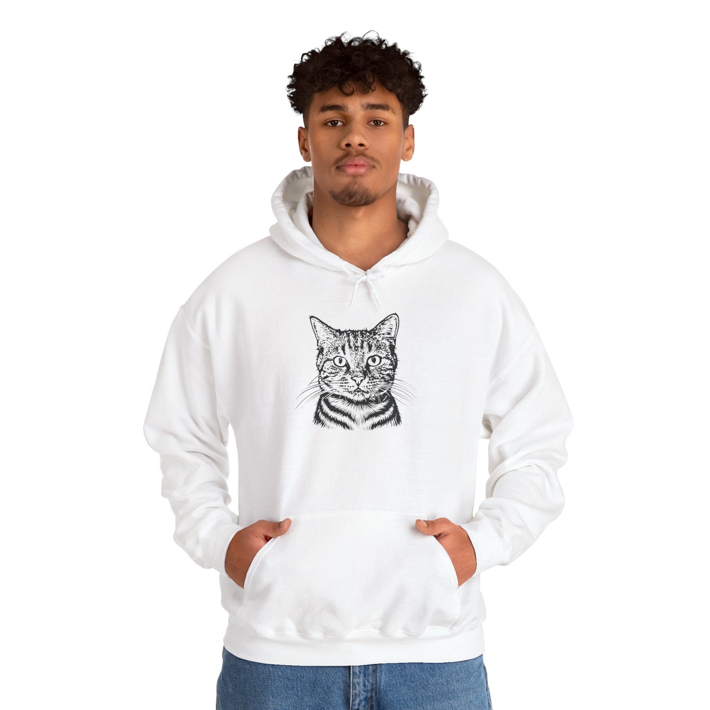 Person wearing a white hoodie with a cat graphic on a white background