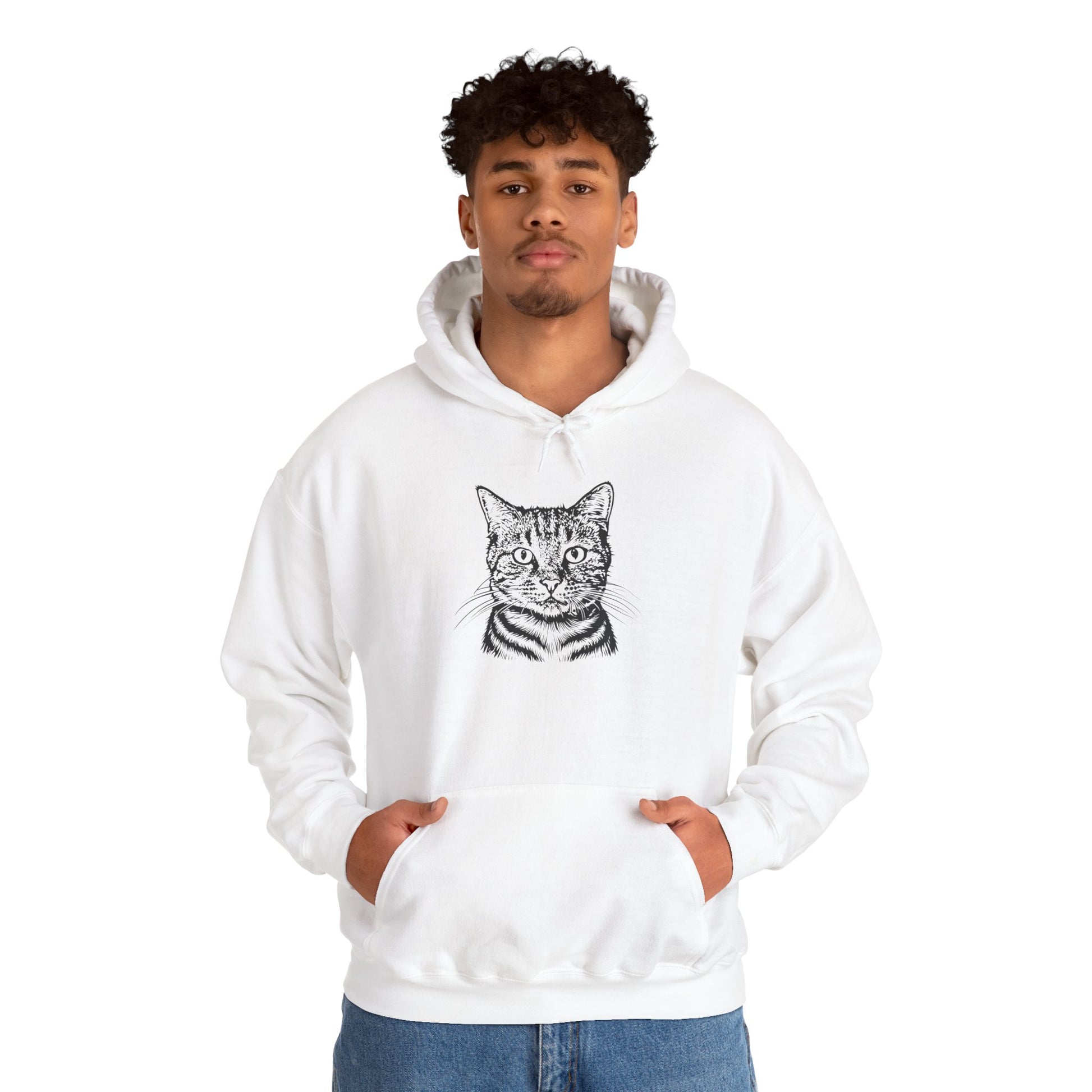 Person wearing a white hoodie with a cat graphic on a white background