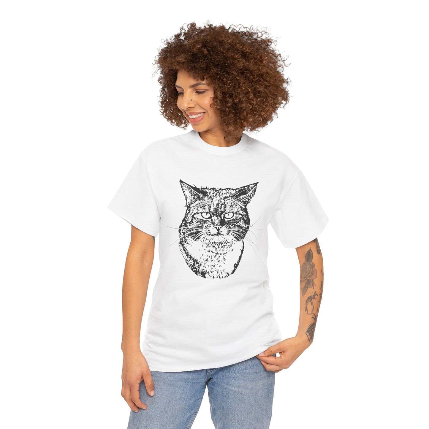 Woman wearing a white t-shirt with a black cat graphic on a white background