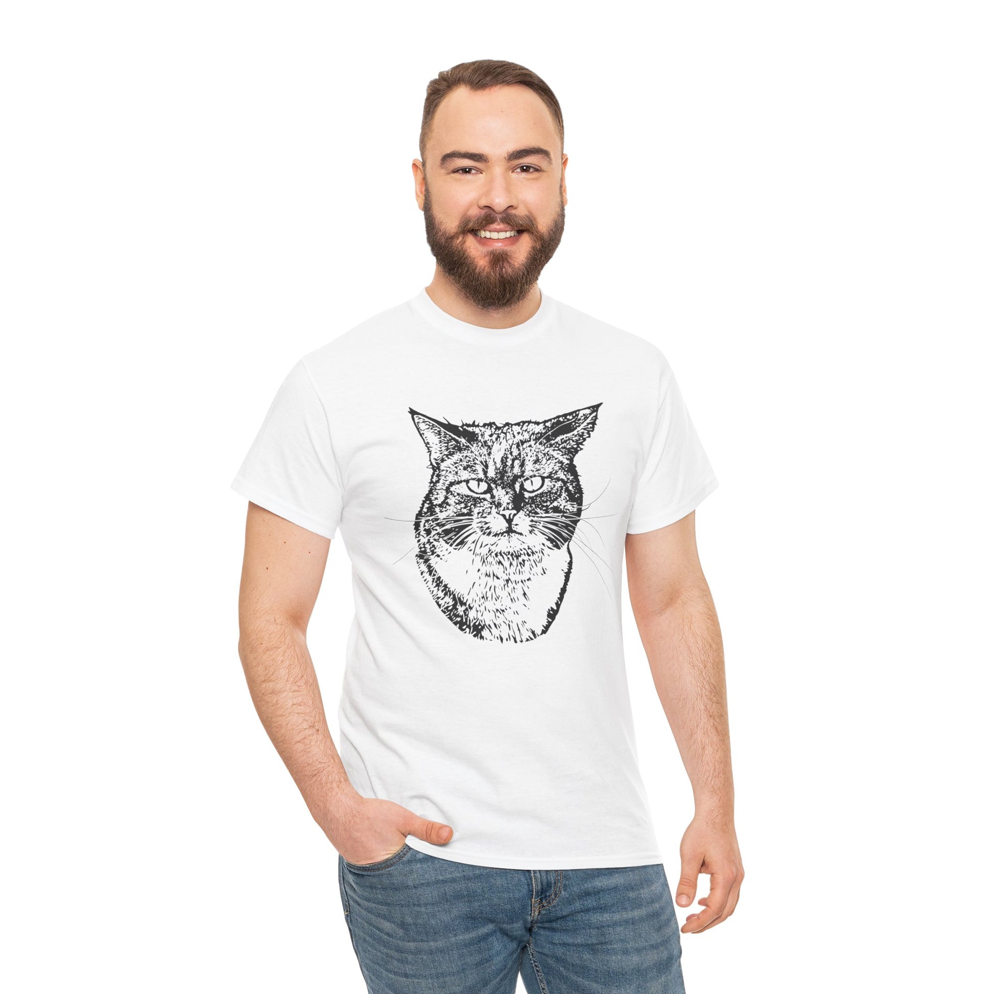 Man wearing a white t-shirt with a cat graphic on a white background