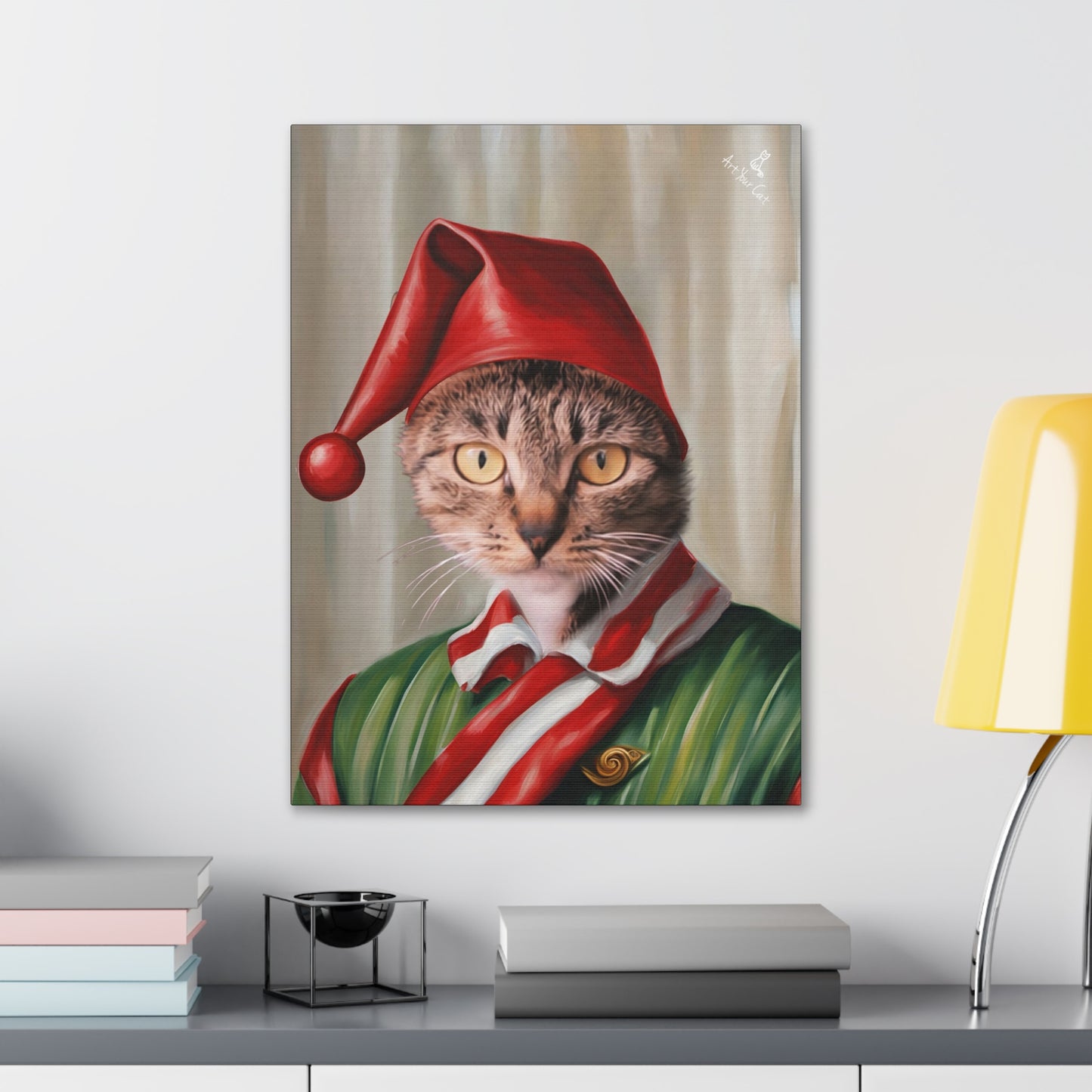 High-Quality Canvas Cat Portrait with Candy Cane Theme