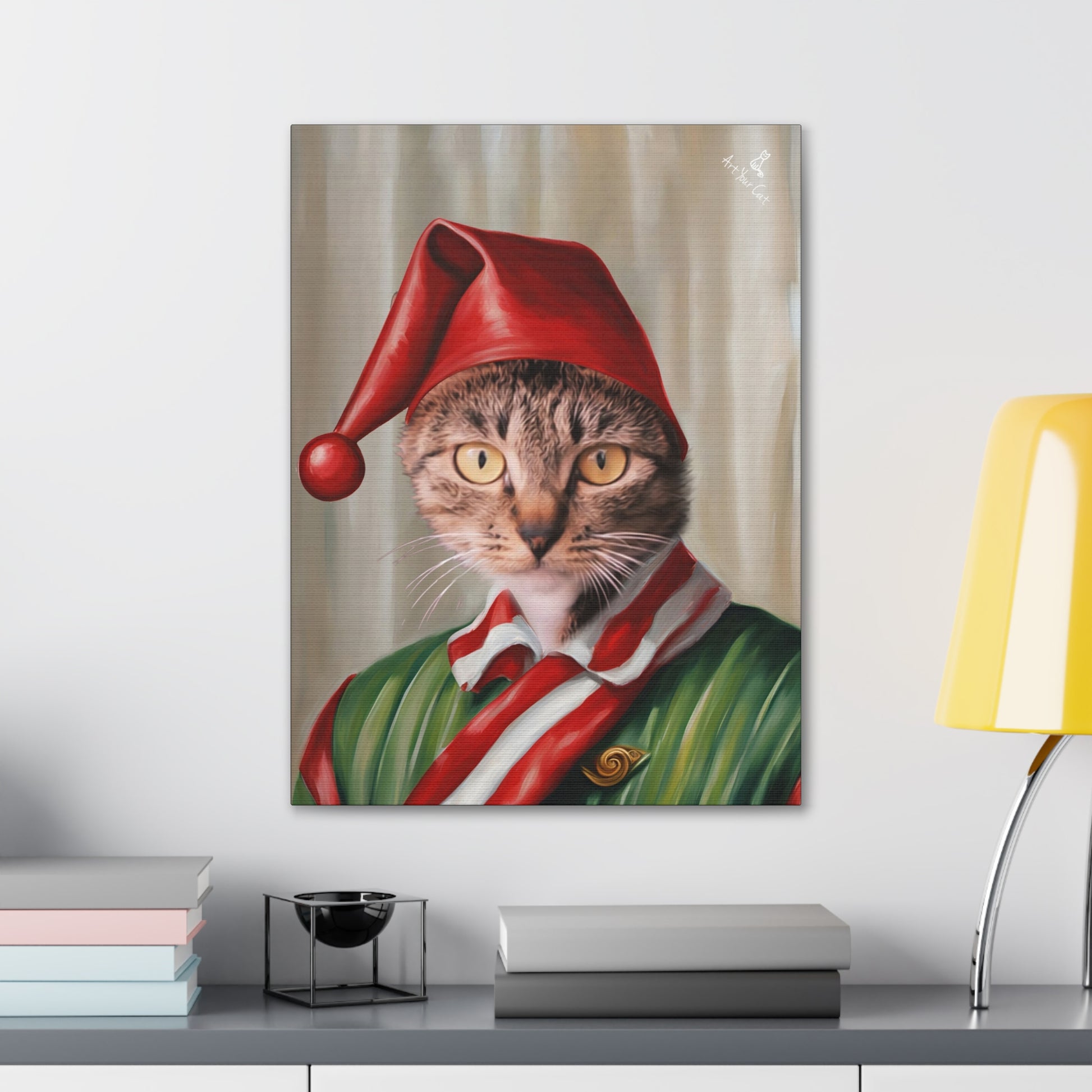 High-Quality Canvas Cat Portrait with Candy Cane Theme