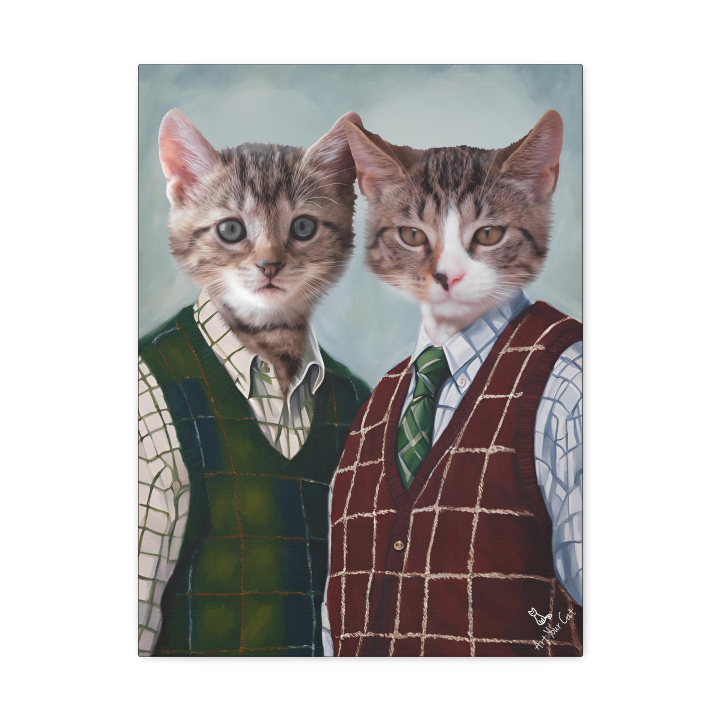 Kale & Braden Cat Portrait featuring a cat in quirky, preppy attire