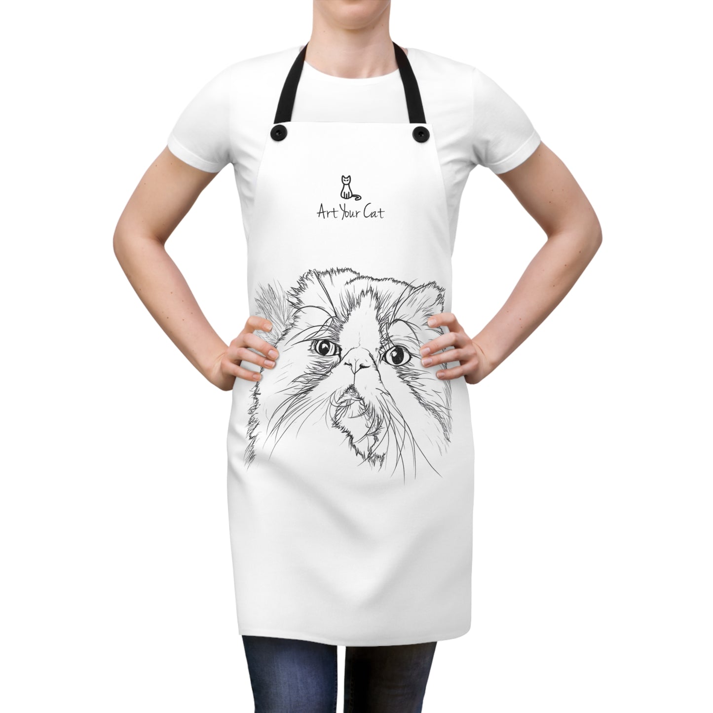 Person wearing a white apron with a cat illustration and 'Art Your Cat' logo.