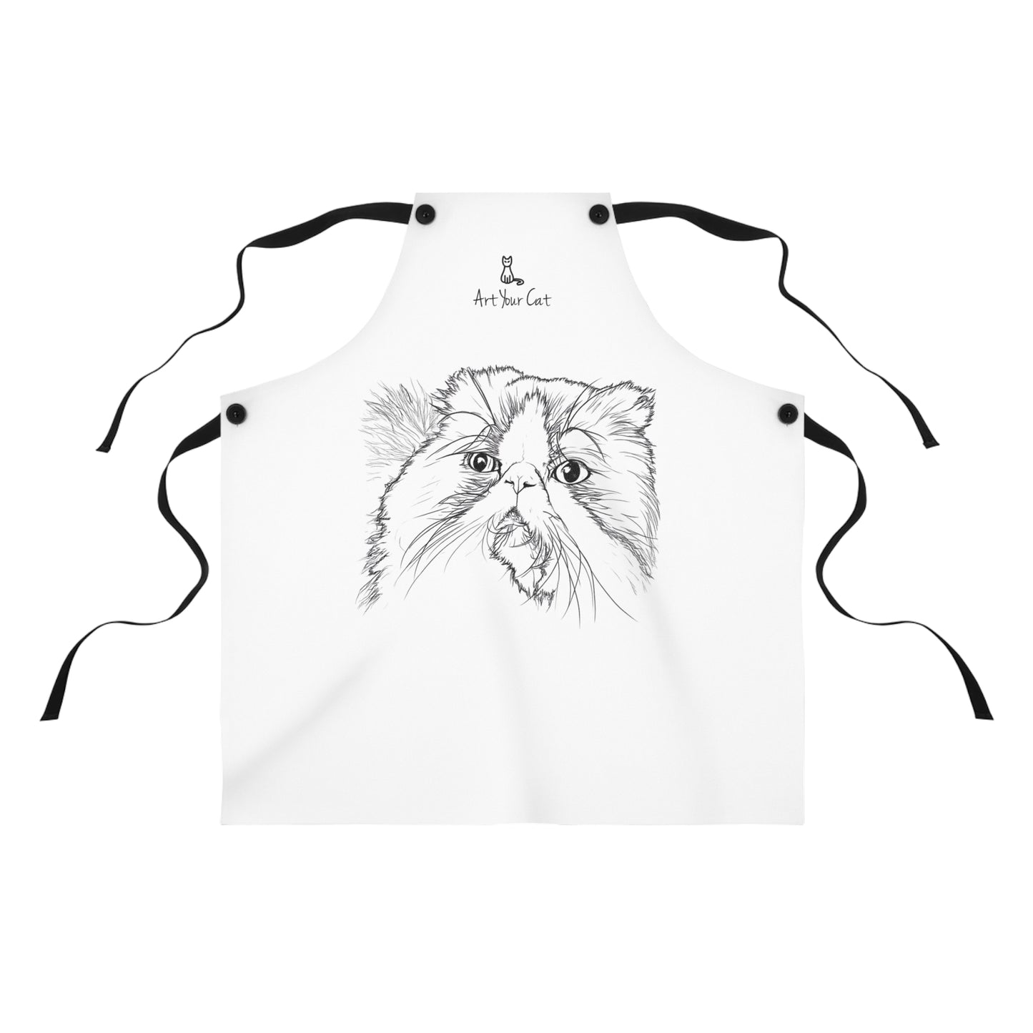 White apron with a black line drawing of a cat's face on a white background