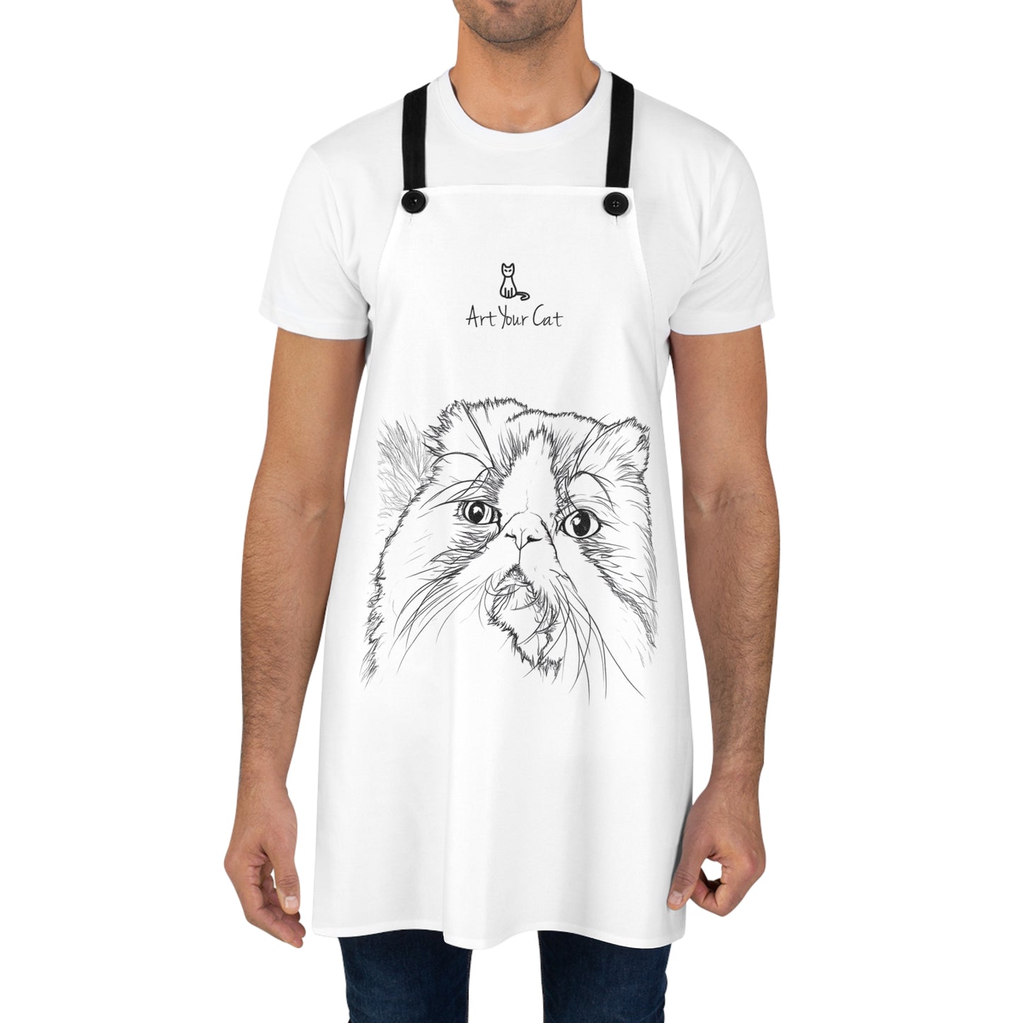 Person wearing a white apron with a cat illustration and 'Art Your Cat' text.