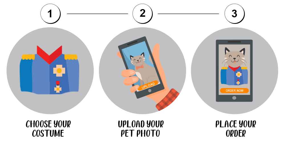 Steps on how the process works: choose a costume, upload your photo, then place your order.