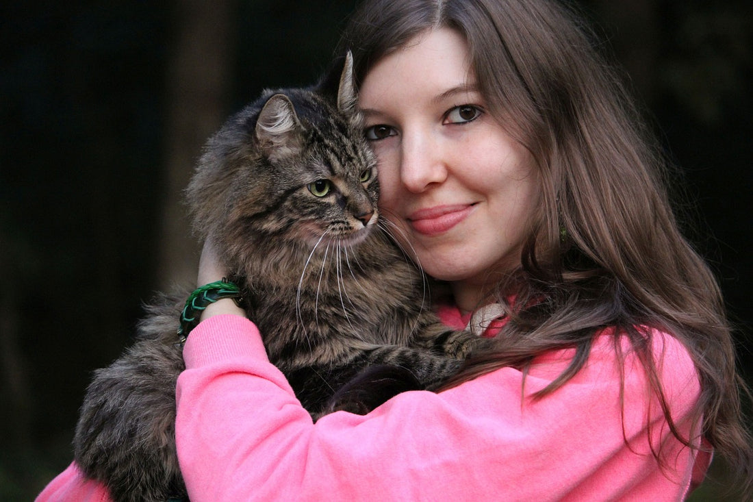 Girl hugging a grey persian cat