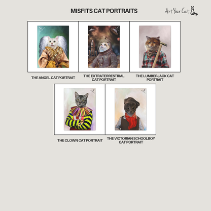 Cat portraits in various costumes with a 'Misfits Cat Portraits' title.