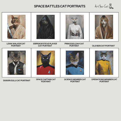 Space Battles Cat Portraits with various cat illustrations in Star Wars costumes.