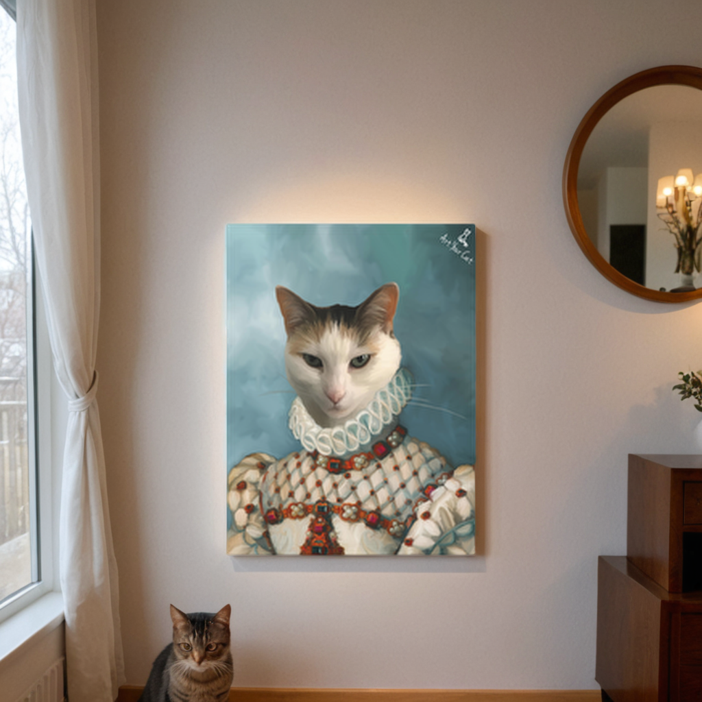 Cat portrait of princess on wall.
