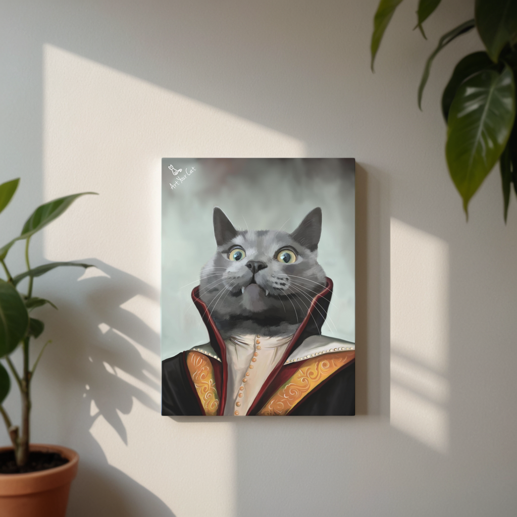 Custom portrait of cat in vampire costume.