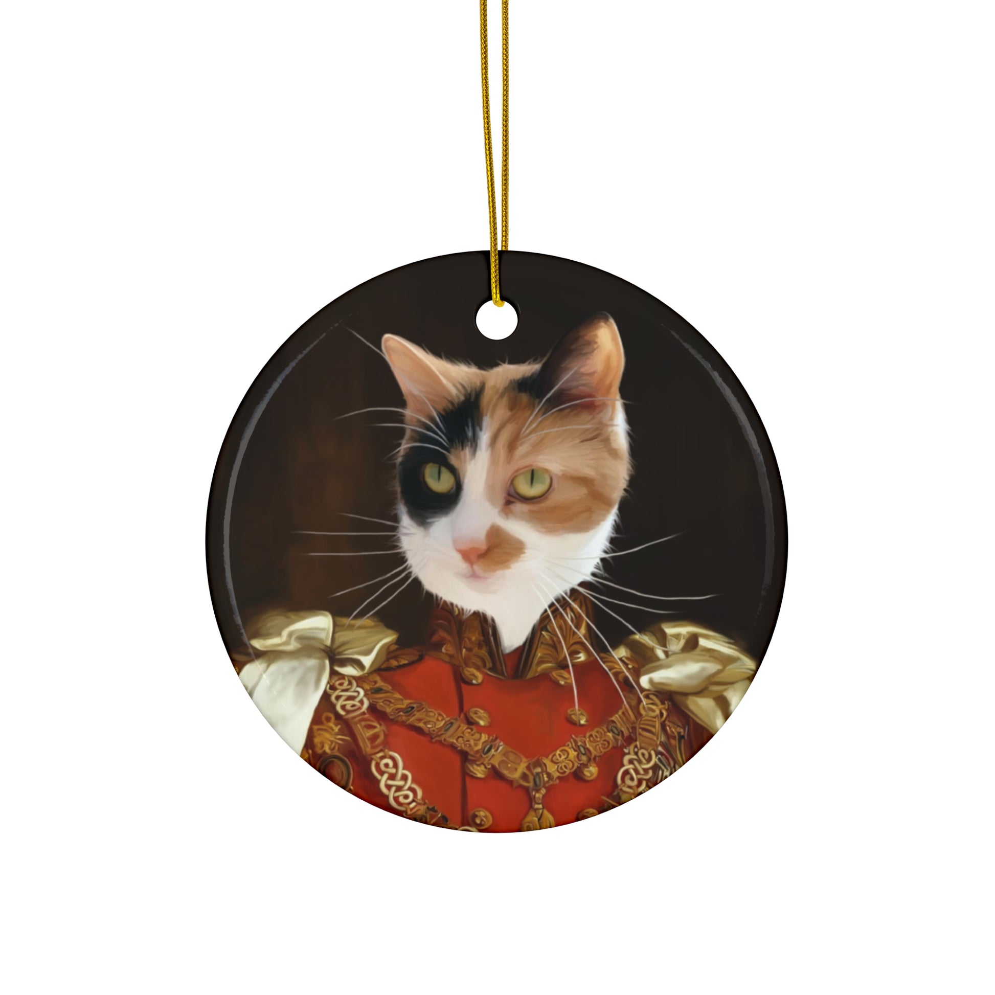 Cat-themed custom ceramic ornament with gold-toned string