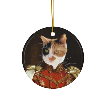 Cat-themed custom ceramic ornament with gold-toned string