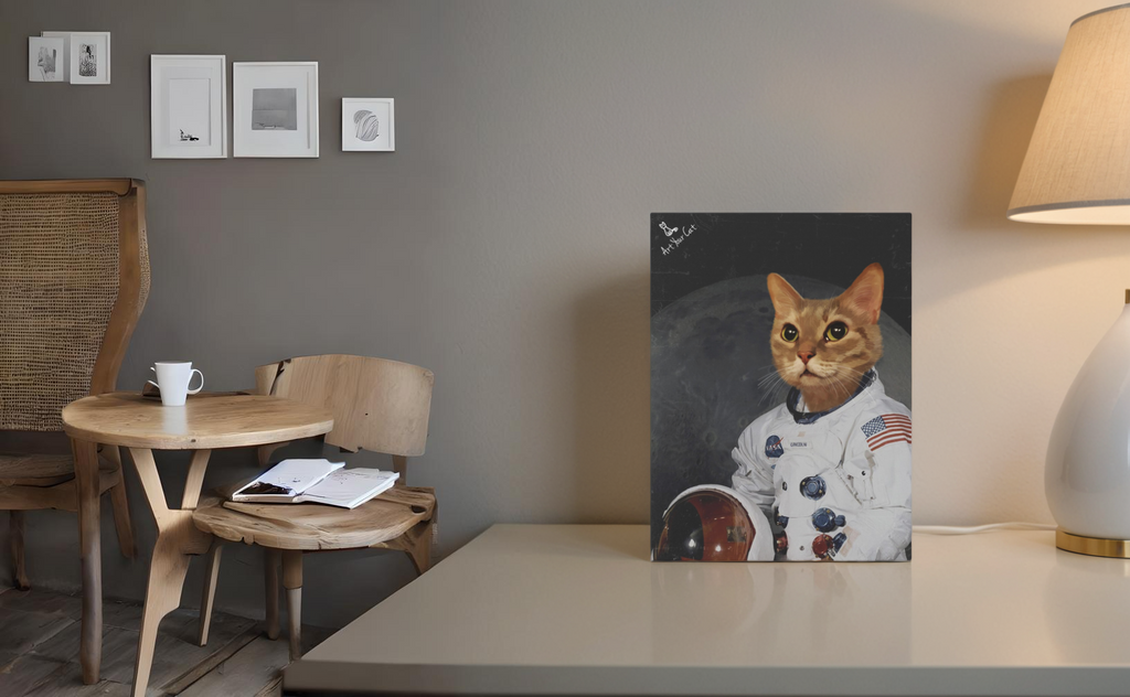 Cat portrait on table in living area.