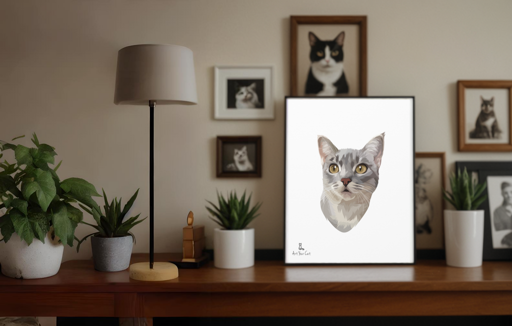 Cat portraits displaying on wall.