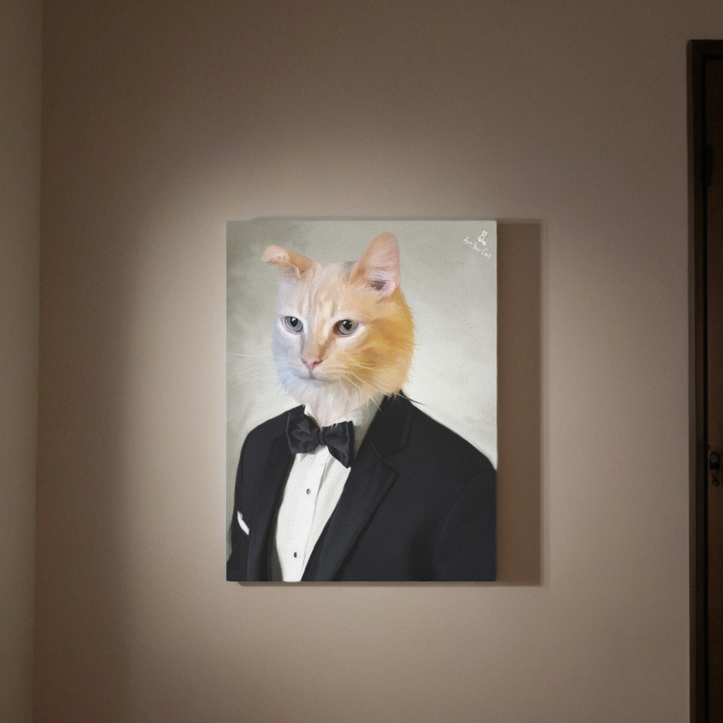 Tuxedo cat portrait hanging on wall.