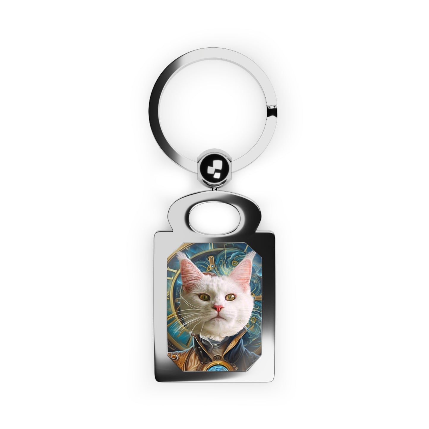 Close-up of a custom cat portrait key ring