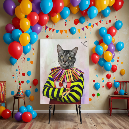 Clown Cat Portrait in Vibrant Costume