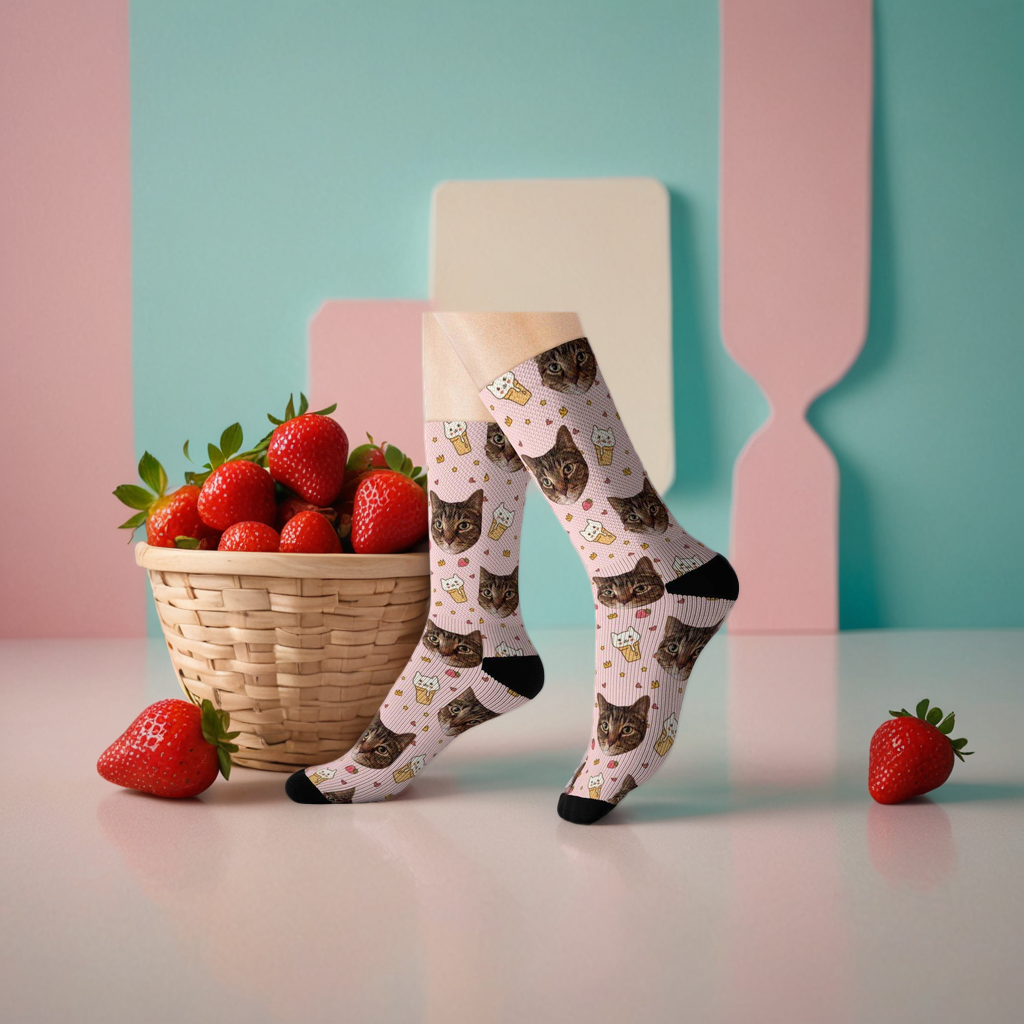 Cozy Custom Cat Socks with Sweet Strawberry Design - Cat Lover Gift