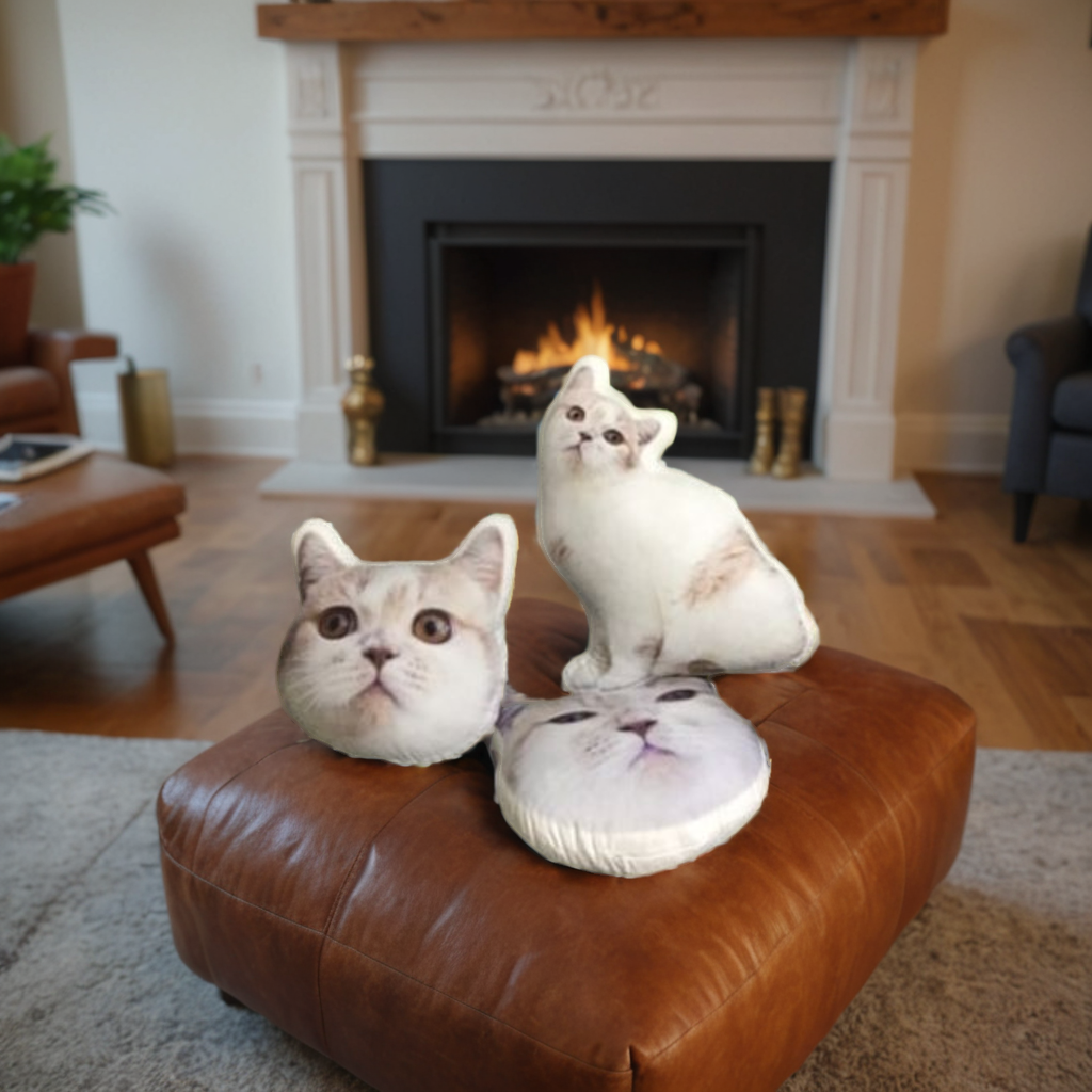 Custom Cat-Shaped Pillow - On Leather Ottoman