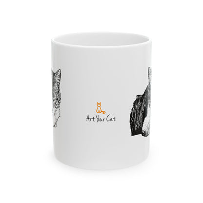 White mug with black cat illustrations and 'Art Your Cat' logo on a white background