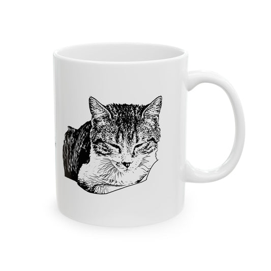 White mug with a black and white cat illustration on a white background