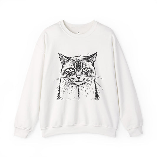 White sweatshirt with a black cat illustration on a white background