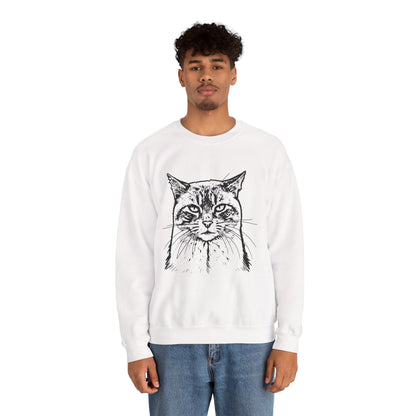 Person wearing a white sweatshirt with a black cat graphic on a white background