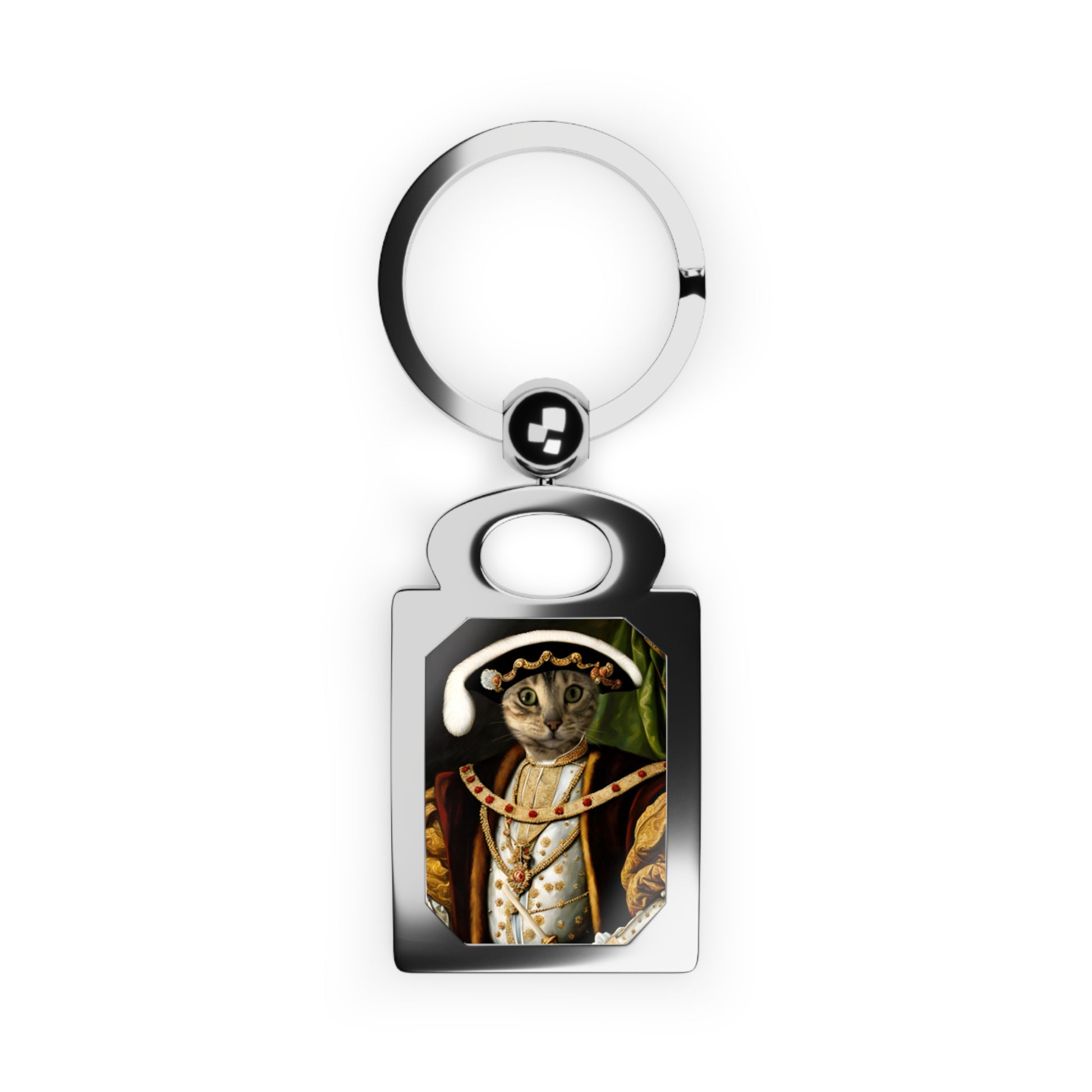 Keychain with a cat in regal attire design on a white background
