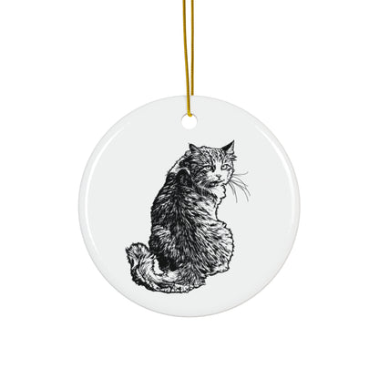 Ceramic ornament with a black and white cat illustration on a white background