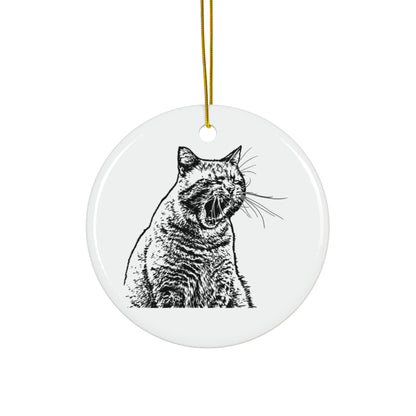 Ceramic ornament with a black and white cat illustration on a white background