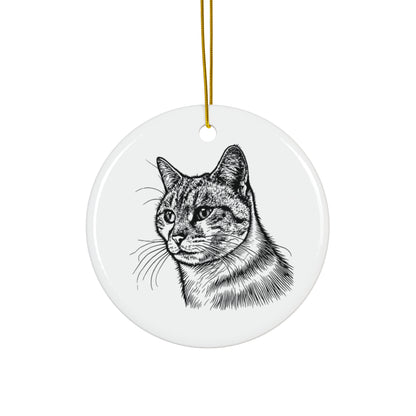 Ceramic ornament with a black and white cat illustration on a white background