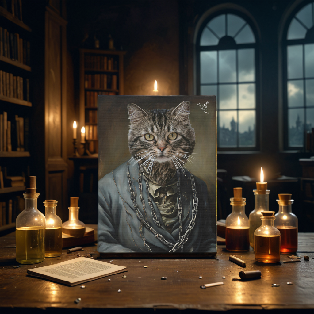 Custom Frankenstein cat portrait with stitched-up visage and bolts