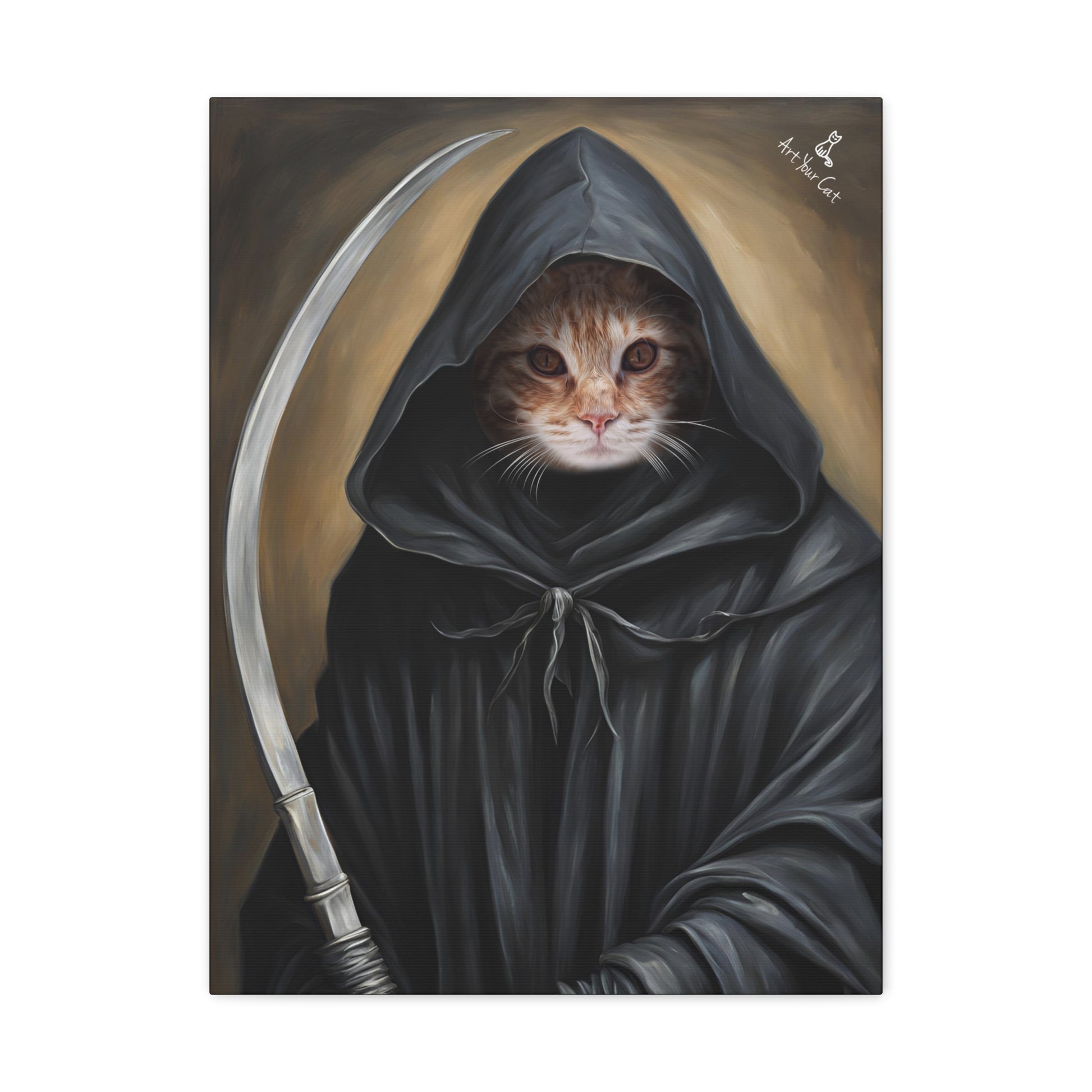 Custom Grim Reaper cat artwork for mystical home decor