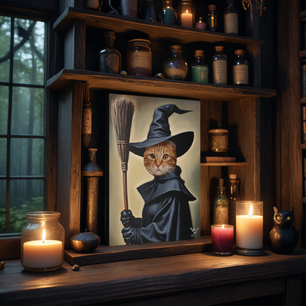 Custom Witch Cat Portrait on Premium Canvas