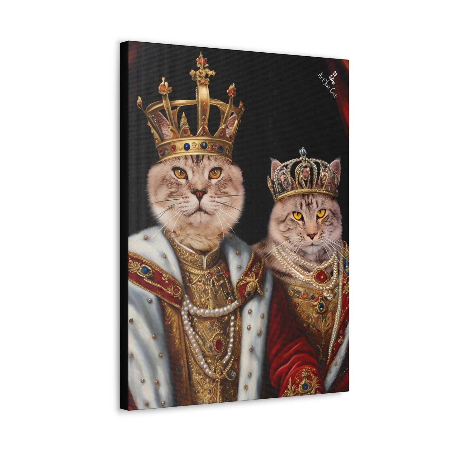 Custom artwork of cats as royal kings and queens in elegant outfits