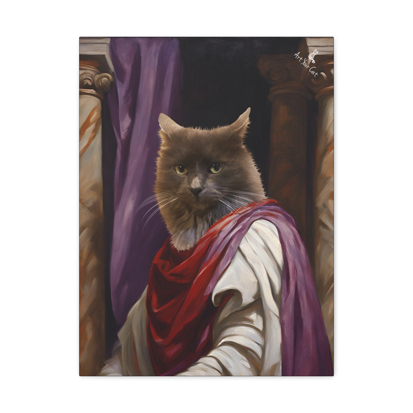 Custom cat portrait dressed as Julius Caesar with toga and crown