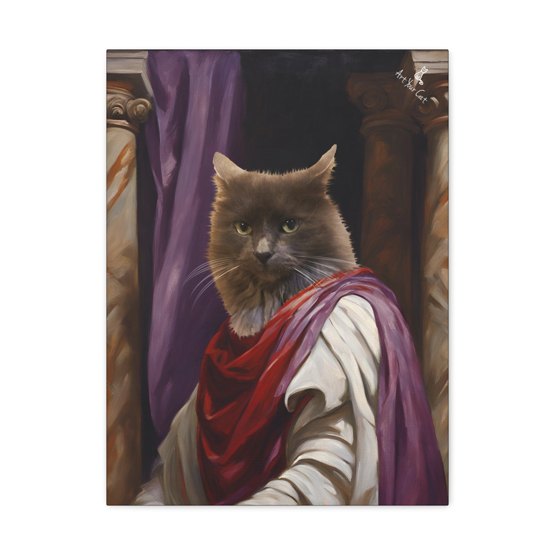 Custom cat portrait dressed as Julius Caesar with toga and crown