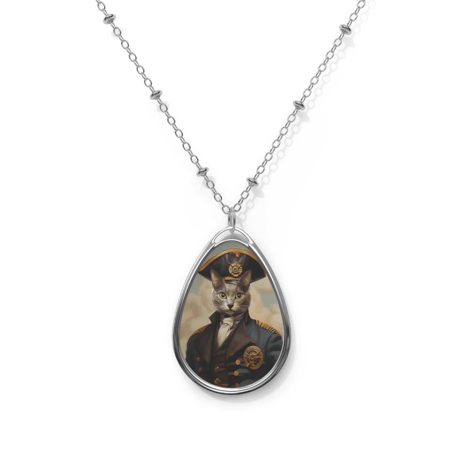 Custom oval necklace with a detailed cat portrait