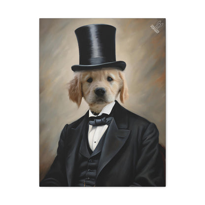 Dog wearing a black top hat and formal suit with a neutral background
